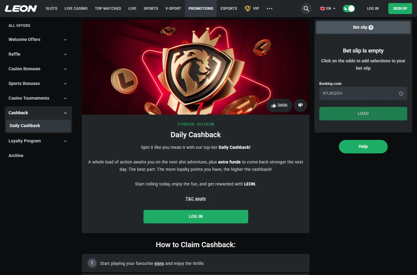 LEON Slots Cashback promo screenshot